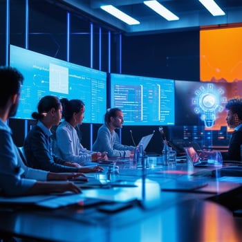 A futuristic webinar setup with AIgenerated data, virtual screens, and professionals engaged in an online seminar A futuristic webinar setup with AIgenerated data, virtual screens, and professionals engaged in an online seminar