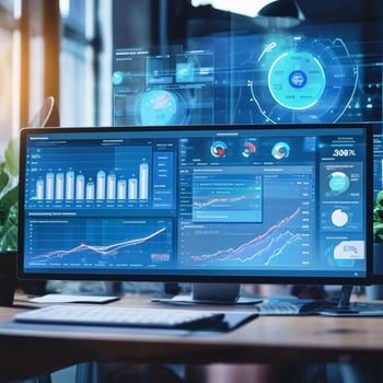 A professional workspace with AIpowered dashboard visualising key performance indicators KPIs for SaaS marketing